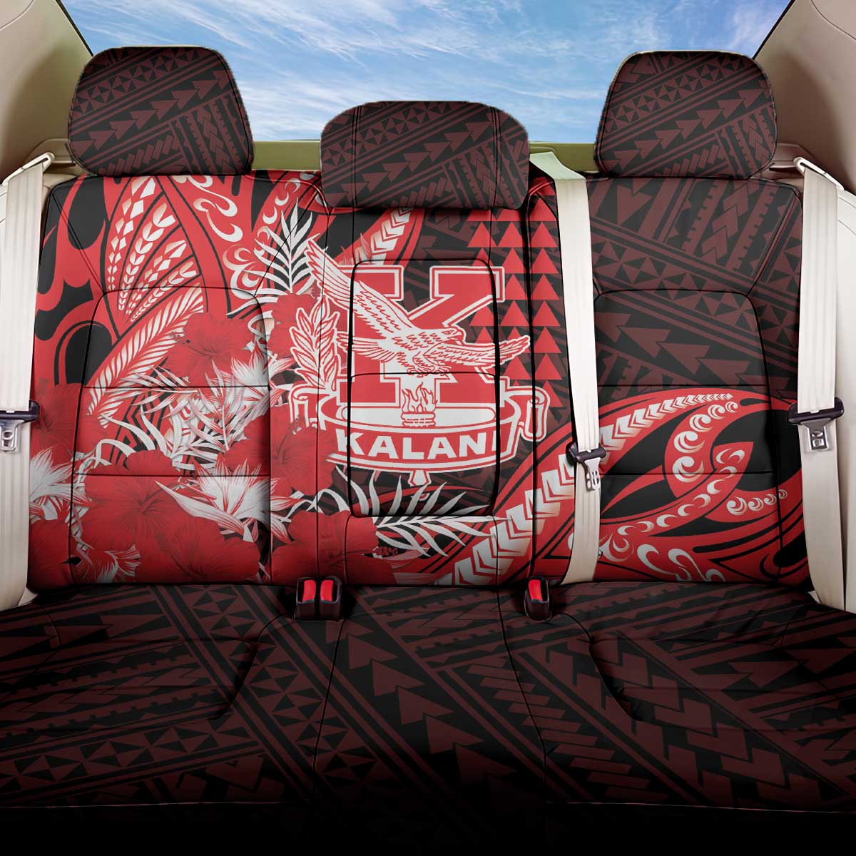 Hawaii Kalani High School Back Car Seat Cover Tribal Tattoo With Hibiscus Flowers