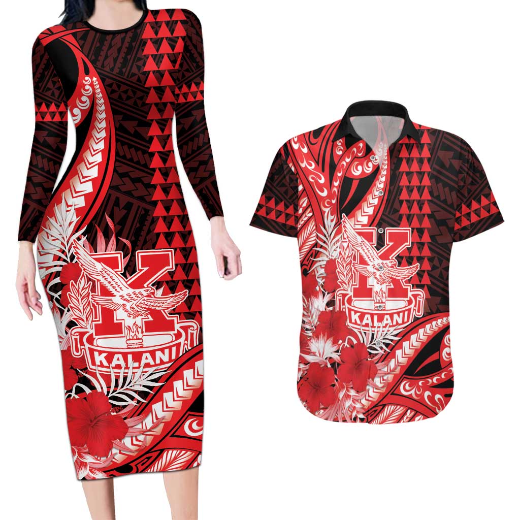 Personalised Hawaii Kalani High School Couples Matching Long Sleeve Bodycon Dress and Hawaiian Shirt Tribal Tattoo With Hibiscus Flowers