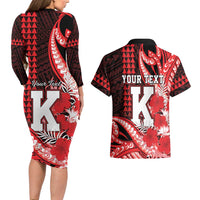 Personalised Hawaii Kalani High School Couples Matching Long Sleeve Bodycon Dress and Hawaiian Shirt Tribal Tattoo With Hibiscus Flowers
