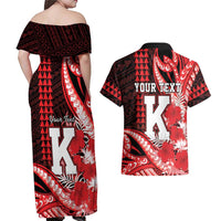 Personalised Hawaii Kalani High School Couples Matching Off Shoulder Maxi Dress and Hawaiian Shirt Tribal Tattoo With Hibiscus Flowers