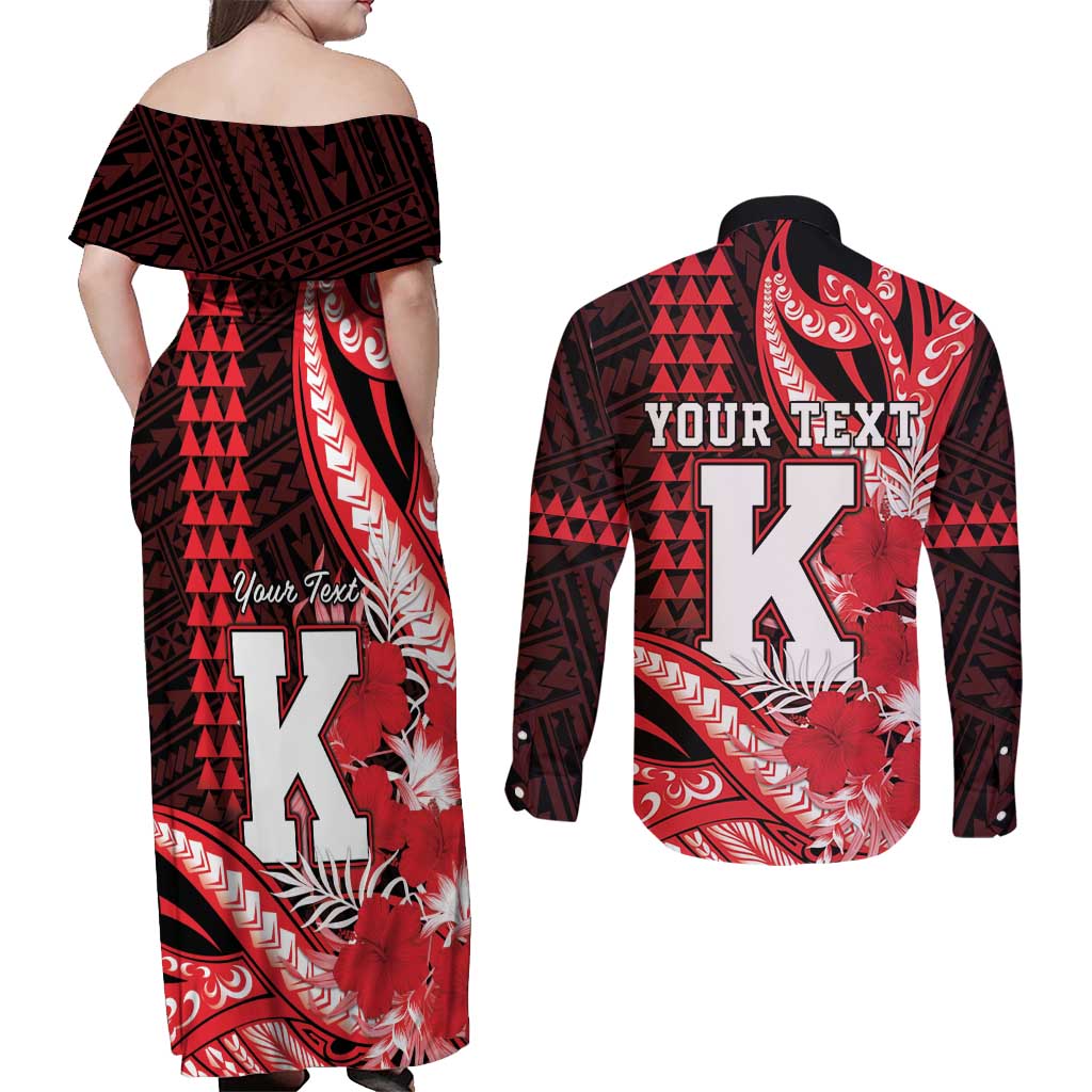 Personalised Hawaii Kalani High School Couples Matching Off Shoulder Maxi Dress and Long Sleeve Button Shirt Tribal Tattoo With Hibiscus Flowers