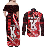 Personalised Hawaii Kalani High School Couples Matching Off Shoulder Maxi Dress and Long Sleeve Button Shirt Tribal Tattoo With Hibiscus Flowers