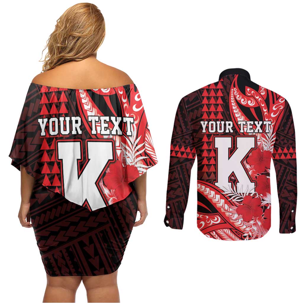 Personalised Hawaii Kalani High School Couples Matching Off Shoulder Short Dress and Long Sleeve Button Shirt Tribal Tattoo With Hibiscus Flowers