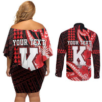 Personalised Hawaii Kalani High School Couples Matching Off Shoulder Short Dress and Long Sleeve Button Shirt Tribal Tattoo With Hibiscus Flowers