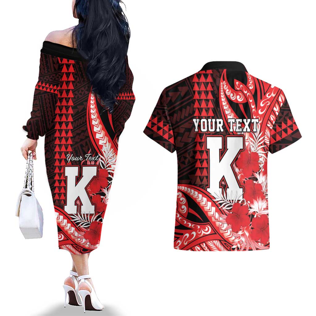 Personalised Hawaii Kalani High School Couples Matching Off The Shoulder Long Sleeve Dress and Hawaiian Shirt Tribal Tattoo With Hibiscus Flowers