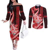 Personalised Hawaii Kalani High School Couples Matching Off The Shoulder Long Sleeve Dress and Long Sleeve Button Shirt Tribal Tattoo With Hibiscus Flowers