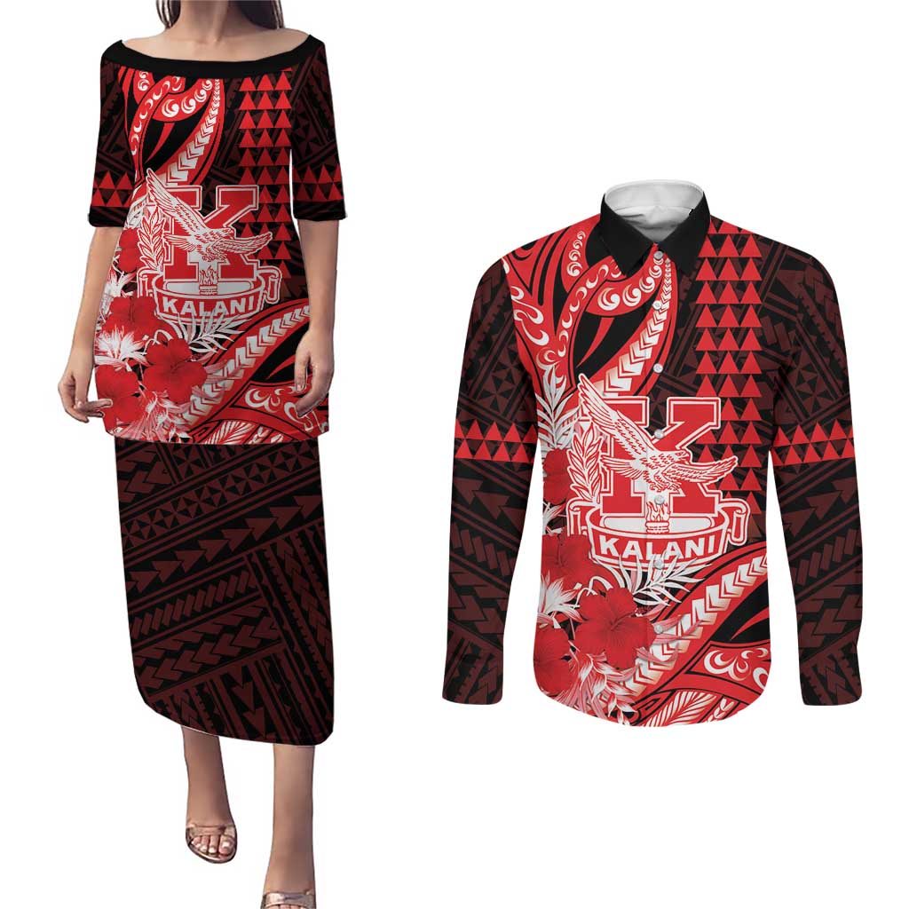 Personalised Hawaii Kalani High School Couples Matching Puletasi and Long Sleeve Button Shirt Tribal Tattoo With Hibiscus Flowers