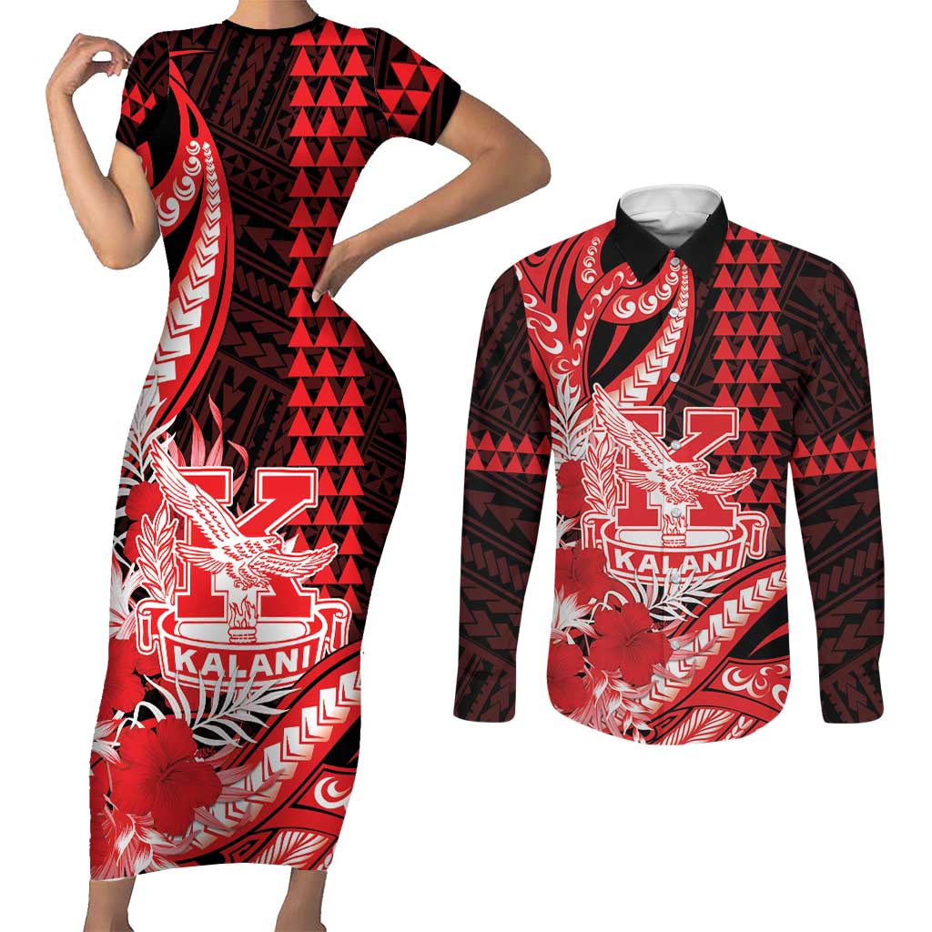 Personalised Hawaii Kalani High School Couples Matching Short Sleeve Bodycon Dress and Long Sleeve Button Shirt Tribal Tattoo With Hibiscus Flowers