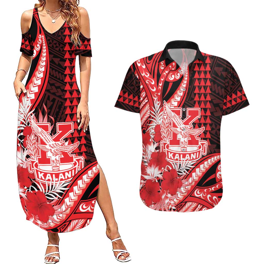 Personalised Hawaii Kalani High School Couples Matching Summer Maxi Dress and Hawaiian Shirt Tribal Tattoo With Hibiscus Flowers