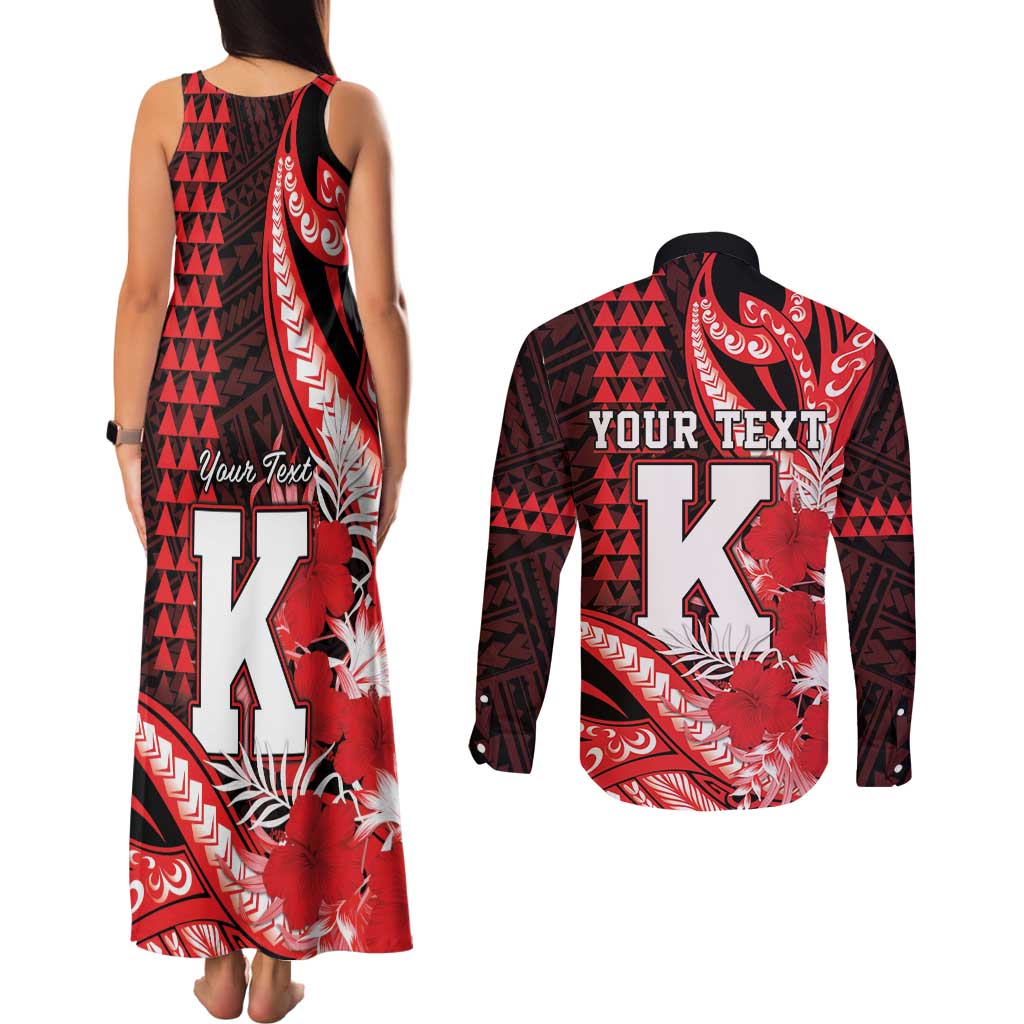 Personalised Hawaii Kalani High School Couples Matching Tank Maxi Dress and Long Sleeve Button Shirt Tribal Tattoo With Hibiscus Flowers