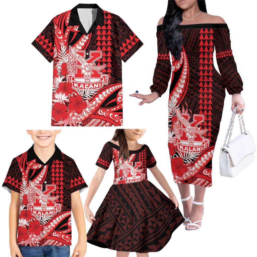 Personalised Hawaii Kalani High School Family Matching Off The Shoulder Long Sleeve Dress and Hawaiian Shirt Tribal Tattoo With Hibiscus Flowers