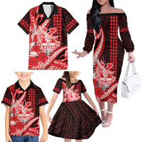 Personalised Hawaii Kalani High School Family Matching Off The Shoulder Long Sleeve Dress and Hawaiian Shirt Tribal Tattoo With Hibiscus Flowers