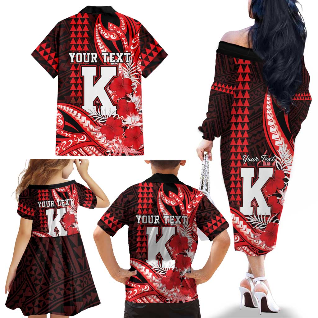 Personalised Hawaii Kalani High School Family Matching Off The Shoulder Long Sleeve Dress and Hawaiian Shirt Tribal Tattoo With Hibiscus Flowers