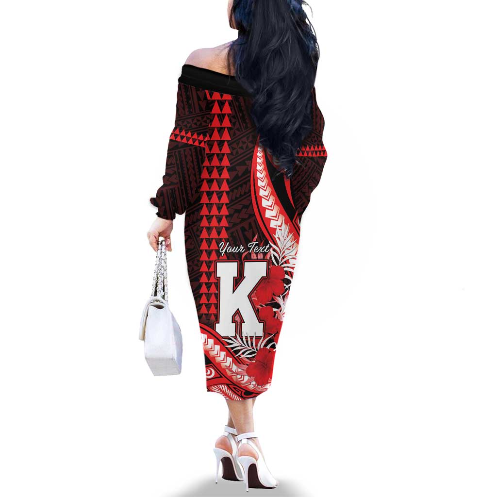Personalised Hawaii Kalani High School Family Matching Off The Shoulder Long Sleeve Dress and Hawaiian Shirt Tribal Tattoo With Hibiscus Flowers