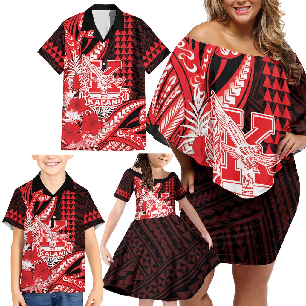 Personalised Hawaii Kalani High School Family Matching Off Shoulder Short Dress and Hawaiian Shirt Tribal Tattoo With Hibiscus Flowers