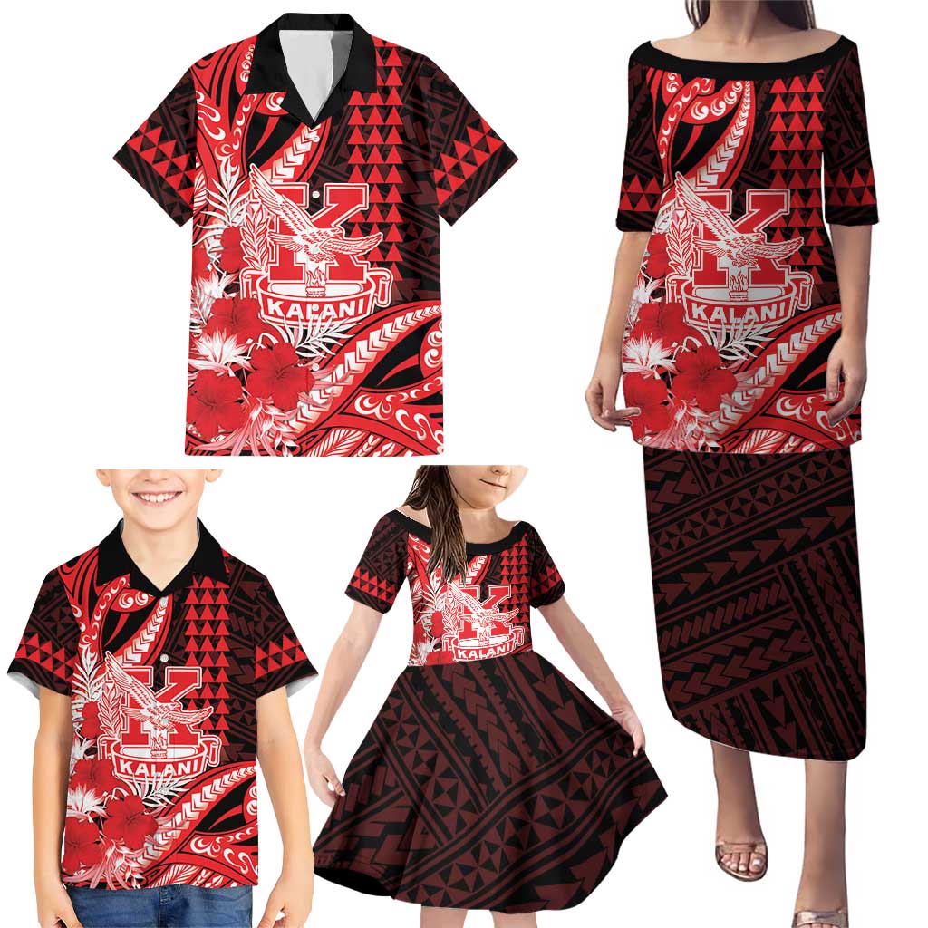 Personalised Hawaii Kalani High School Family Matching Puletasi and Hawaiian Shirt Tribal Tattoo With Hibiscus Flowers