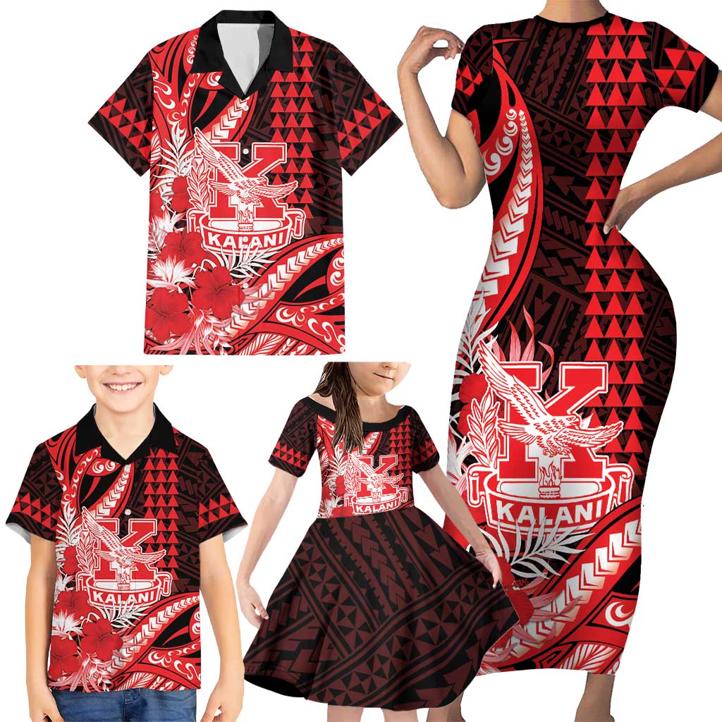 Personalised Hawaii Kalani High School Family Matching Short Sleeve Bodycon Dress and Hawaiian Shirt Tribal Tattoo With Hibiscus Flowers