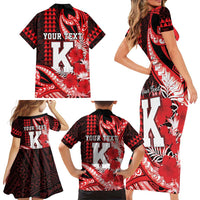 Personalised Hawaii Kalani High School Family Matching Short Sleeve Bodycon Dress and Hawaiian Shirt Tribal Tattoo With Hibiscus Flowers
