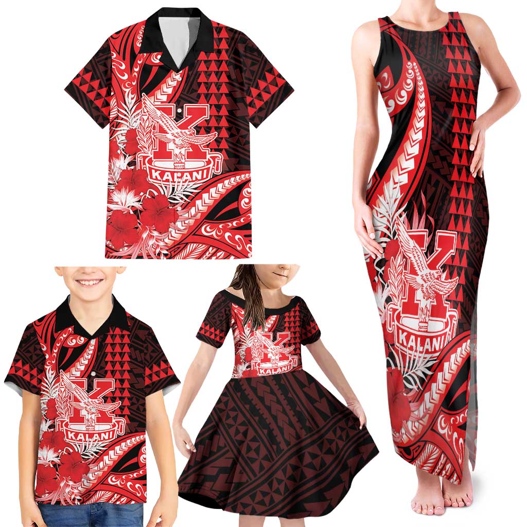 Personalised Hawaii Kalani High School Family Matching Tank Maxi Dress and Hawaiian Shirt Tribal Tattoo With Hibiscus Flowers