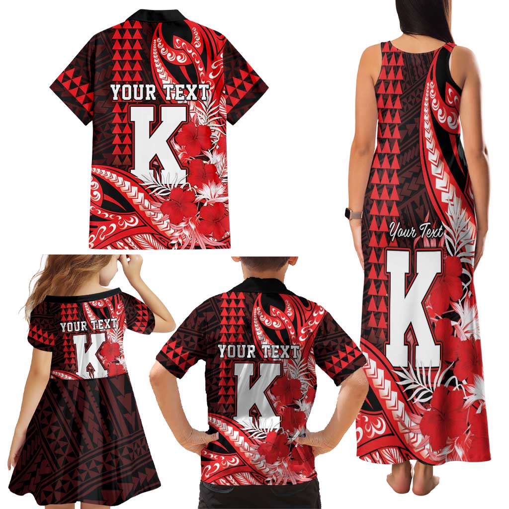 Personalised Hawaii Kalani High School Family Matching Tank Maxi Dress and Hawaiian Shirt Tribal Tattoo With Hibiscus Flowers