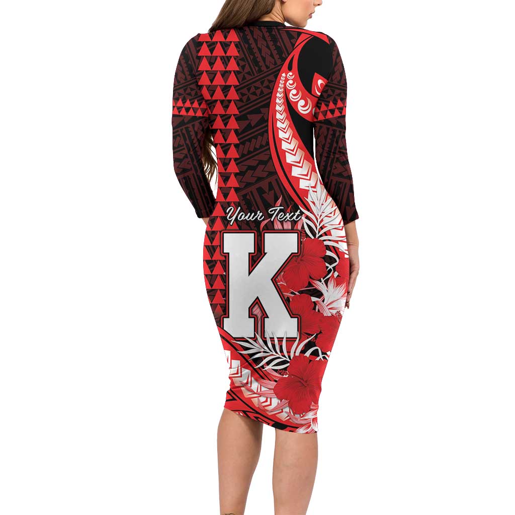 Personalised Hawaii Kalani High School Long Sleeve Bodycon Dress Tribal Tattoo With Hibiscus Flowers