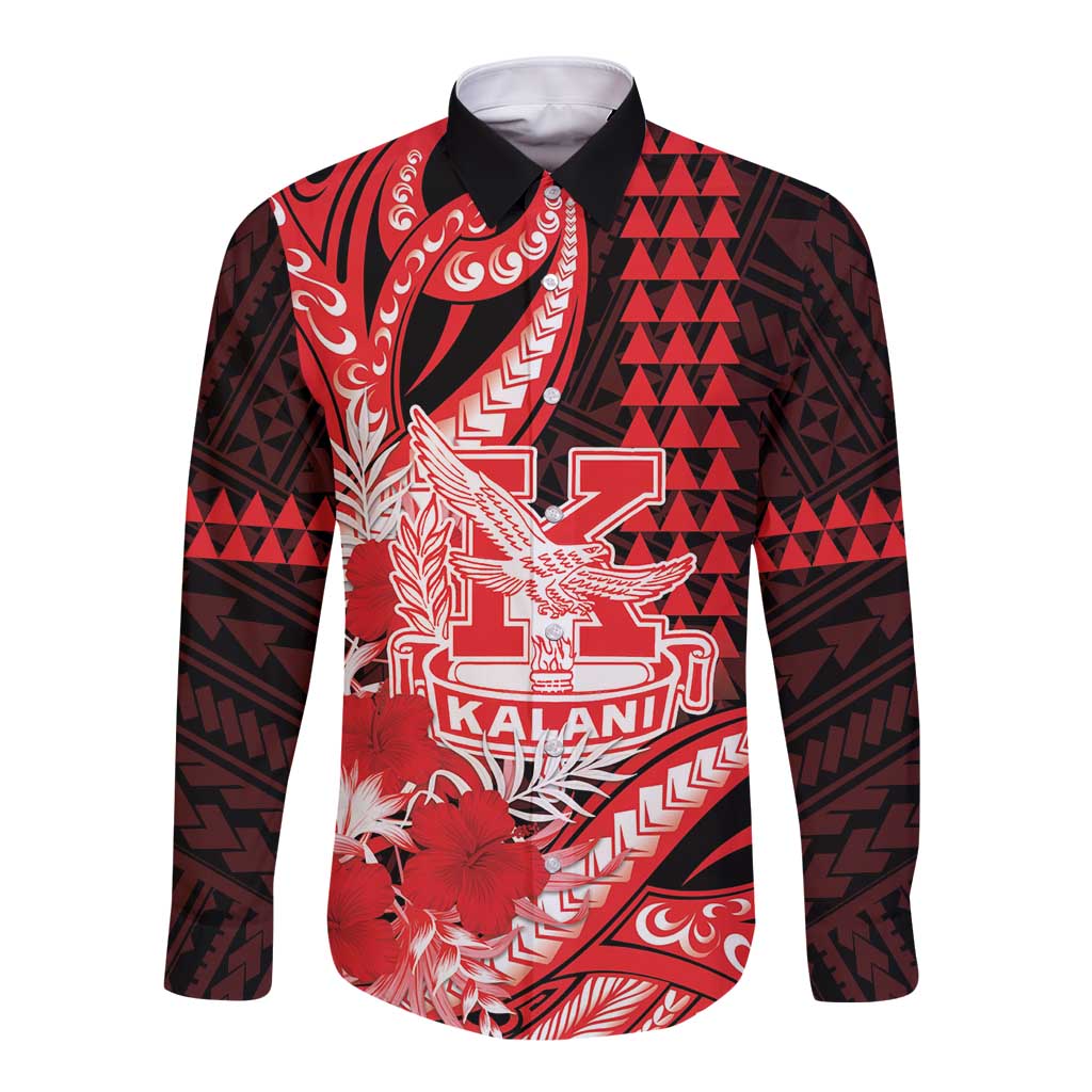 Personalised Hawaii Kalani High School Long Sleeve Button Shirt Tribal Tattoo With Hibiscus Flowers