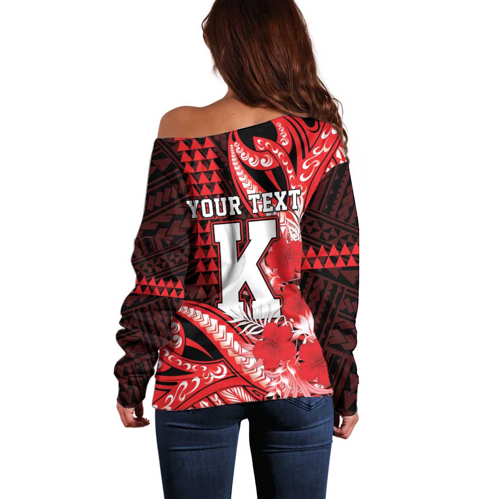 Personalised Hawaii Kalani High School Off Shoulder Sweater Tribal Tattoo With Hibiscus Flowers