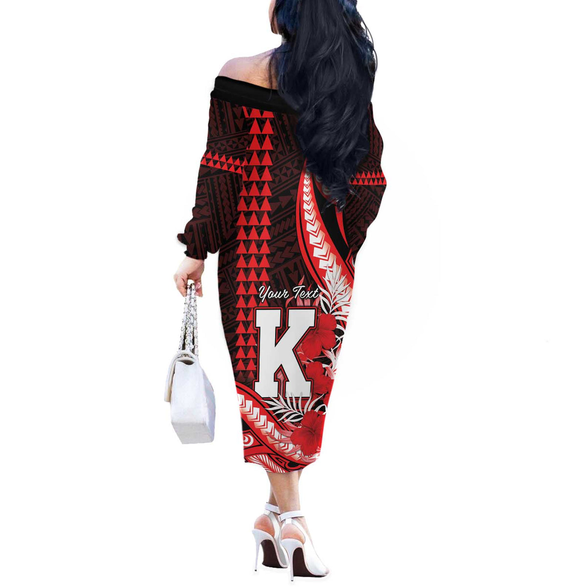 Personalised Hawaii Kalani High School Off The Shoulder Long Sleeve Dress Tribal Tattoo With Hibiscus Flowers