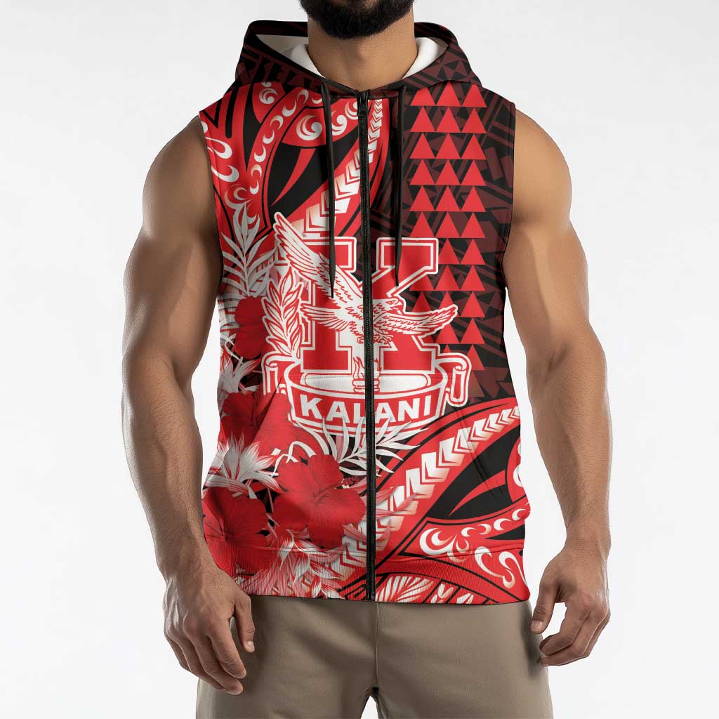 Personalised Hawaii Kalani High School Sleeveless Zip Hoodie Tribal Tattoo With Hibiscus Flowers