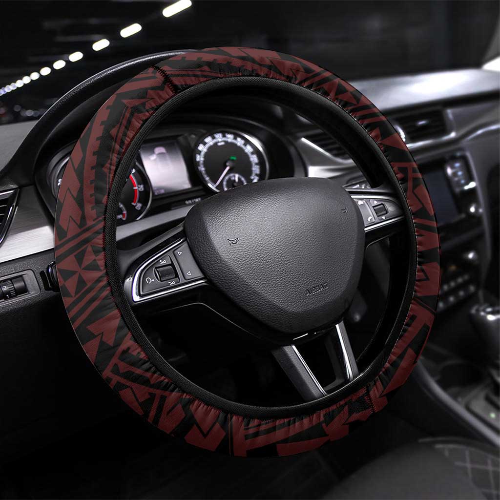 Hawaii Kalani High School Steering Wheel Cover Tribal Tattoo With Hibiscus Flowers LT05 Universal Fit Red - Polynesian Pride