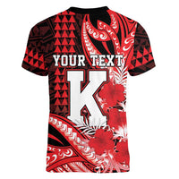 Personalised Hawaii Kalani High School Women V-Neck T-Shirt Tribal Tattoo With Hibiscus Flowers