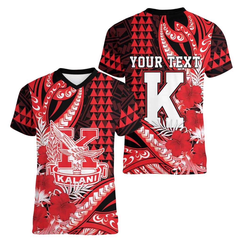 Personalised Hawaii Kalani High School Women V-Neck T-Shirt Tribal Tattoo With Hibiscus Flowers