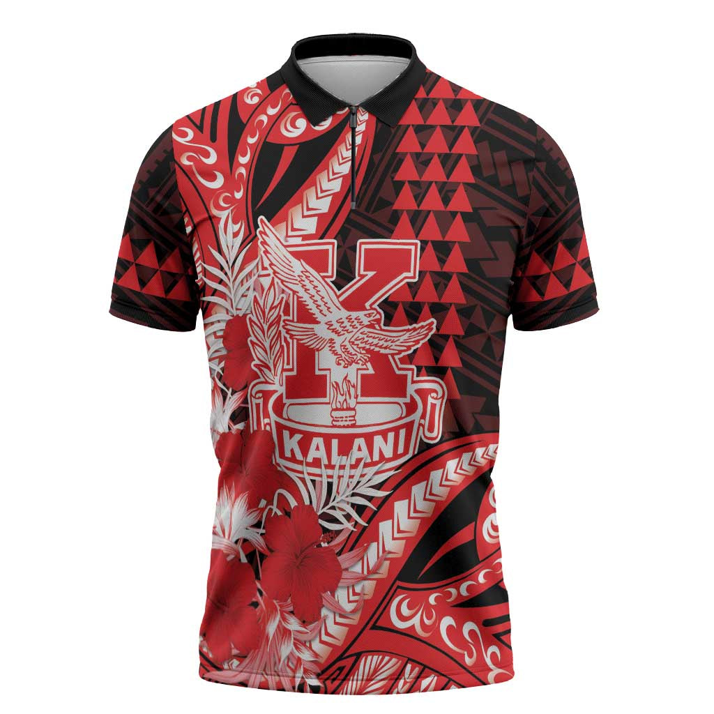 Personalised Hawaii Kalani High School Zipper Polo Shirt Tribal Tattoo With Hibiscus Flowers