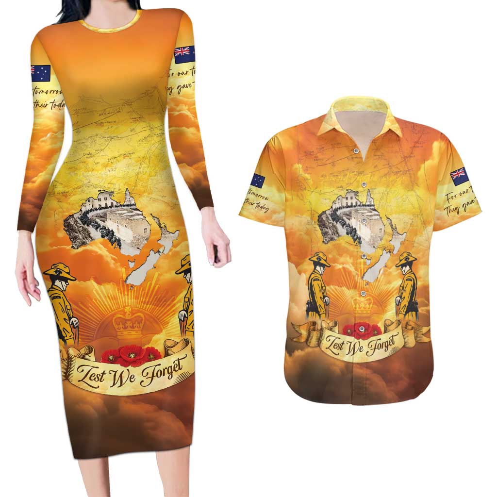 New Zealand And Australia ANZAC Day Couples Matching Long Sleeve Bodycon Dress and Hawaiian Shirt Sinai Palestine Campaign Lest We Forget