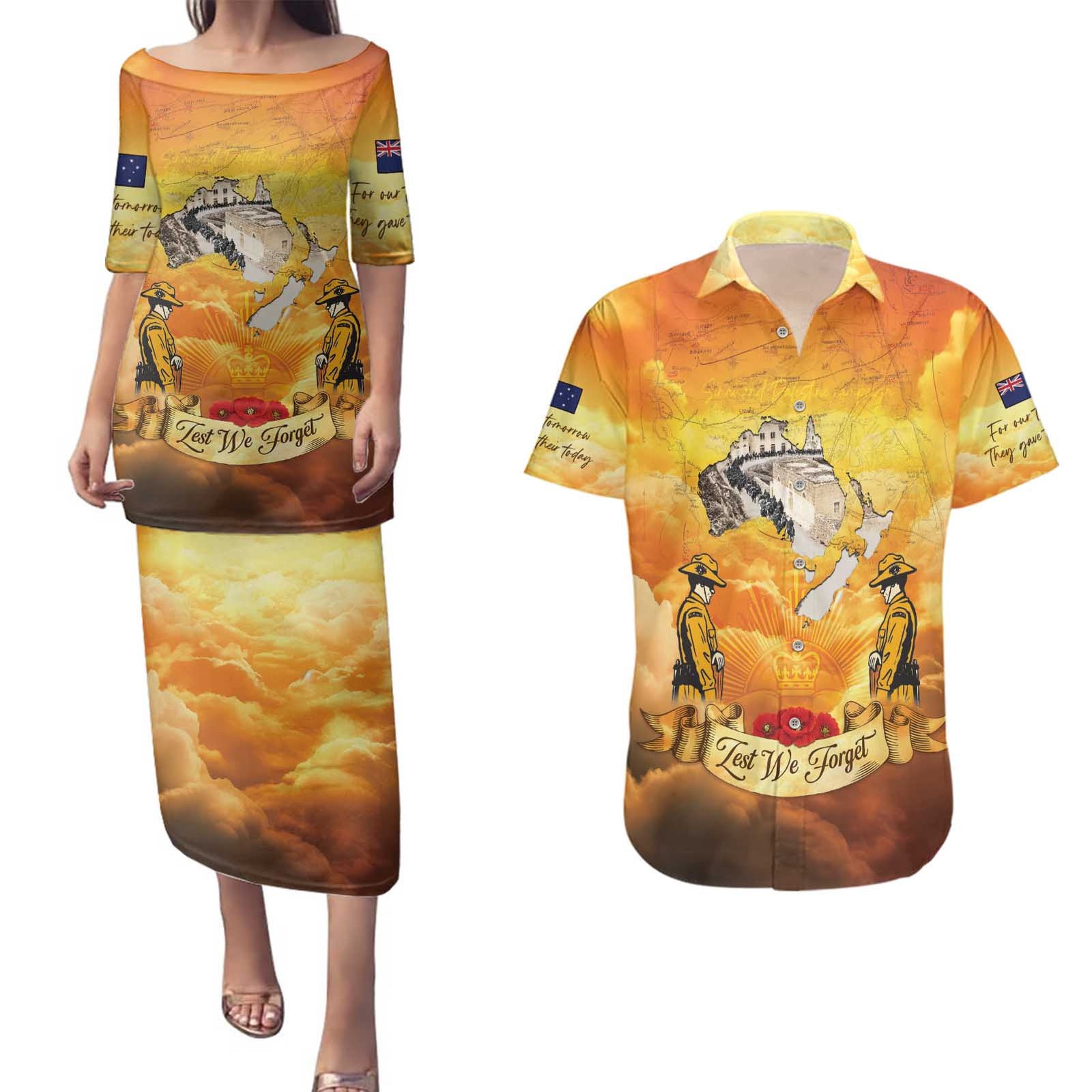 New Zealand And Australia ANZAC Day Couples Matching Puletasi and Hawaiian Shirt Sinai Palestine Campaign Lest We Forget