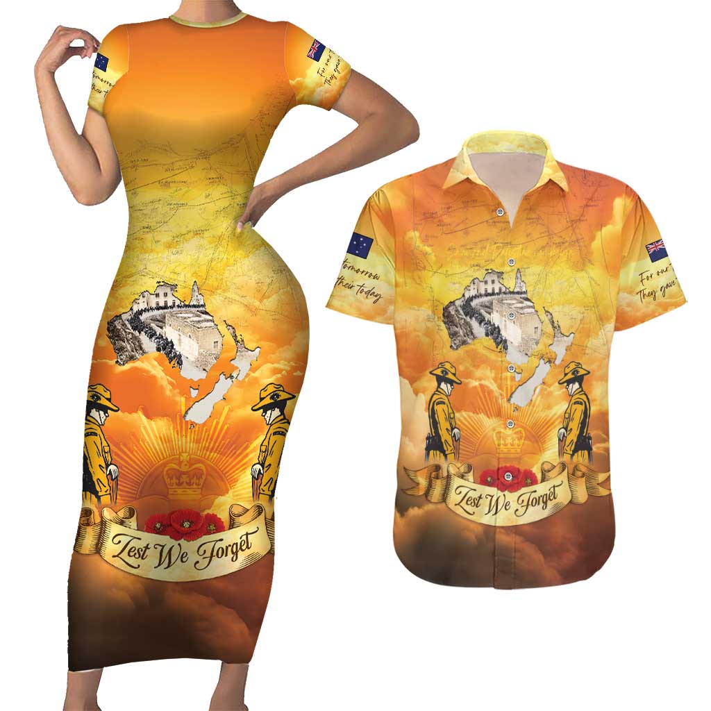 New Zealand And Australia ANZAC Day Couples Matching Short Sleeve Bodycon Dress and Hawaiian Shirt Sinai Palestine Campaign Lest We Forget