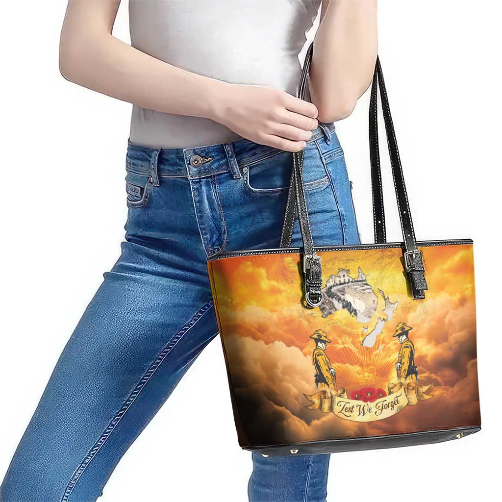 New Zealand And Australia ANZAC Day Leather Tote Bag Sinai Palestine Campaign Lest We Forget