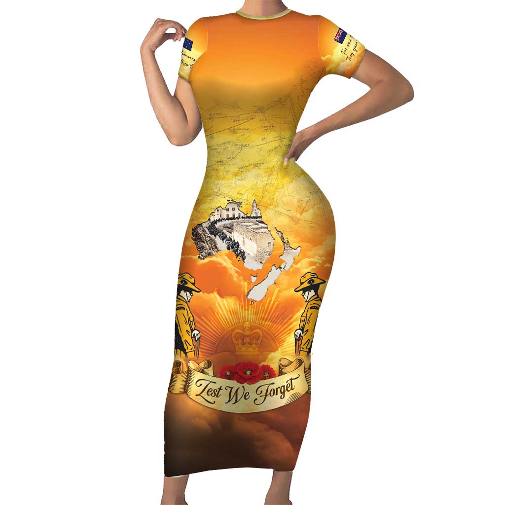 New Zealand And Australia ANZAC Day Short Sleeve Bodycon Dress Sinai Palestine Campaign Lest We Forget LT05 Long Dress Orange - Polynesian Pride