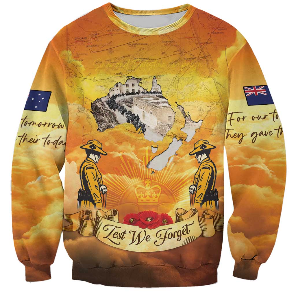 New Zealand And Australia ANZAC Day Sweatshirt Sinai Palestine Campaign Lest We Forget LT05 Unisex Orange - Polynesian Pride