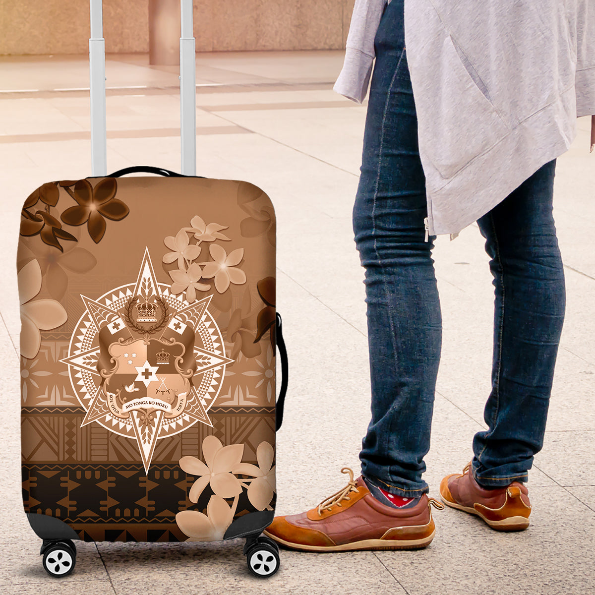 Tonga Emancipation Day Luggage Cover Tongan Kupesi Ngatu Pattern Vintage Style LT05 Brown - Polynesian Pride