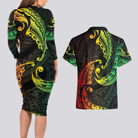 AAPI Heritage Month Couples Matching Long Sleeve Bodycon Dress and Hawaiian Shirt Kanaka Maoli Polynesian Tribal Wave