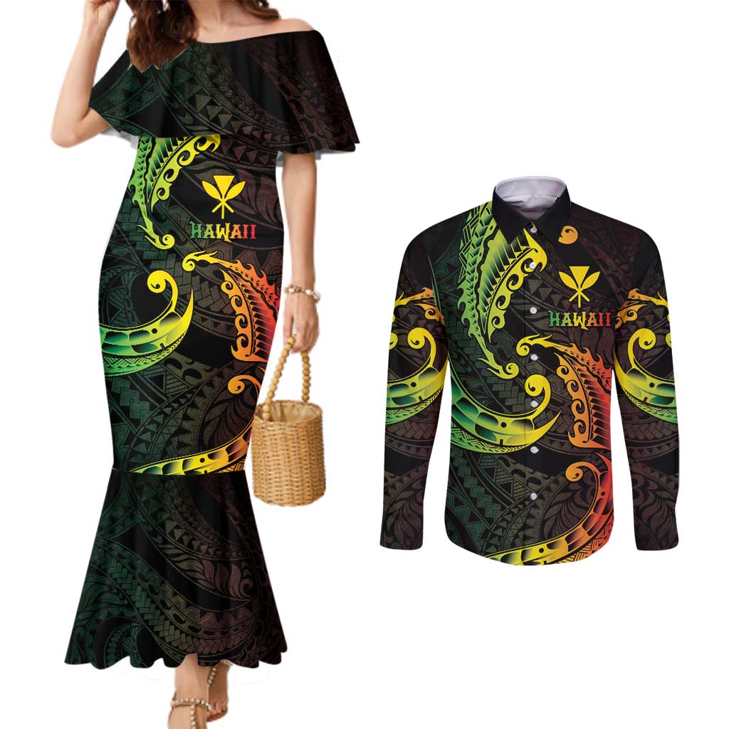 AAPI Heritage Month Couples Matching Mermaid Dress and Long Sleeve Button Shirt Kanaka Maoli Polynesian Tribal Wave