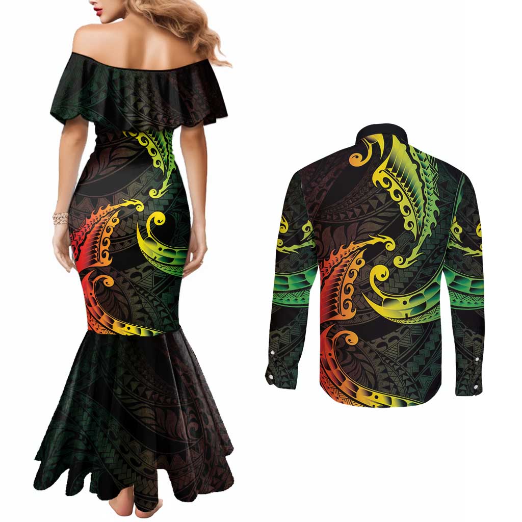 AAPI Heritage Month Couples Matching Mermaid Dress and Long Sleeve Button Shirt Kanaka Maoli Polynesian Tribal Wave