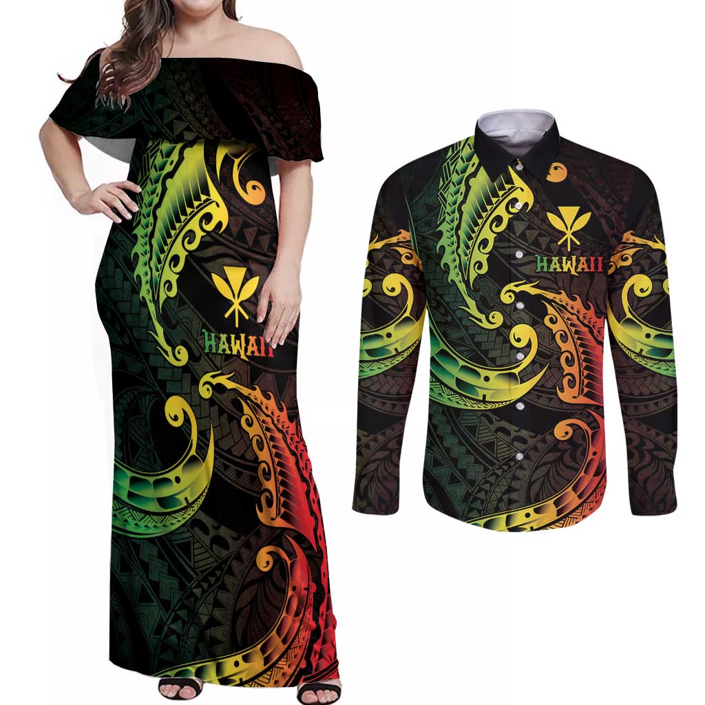 AAPI Heritage Month Couples Matching Off Shoulder Maxi Dress and Long Sleeve Button Shirt Kanaka Maoli Polynesian Tribal Wave