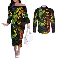 AAPI Heritage Month Couples Matching Off The Shoulder Long Sleeve Dress and Long Sleeve Button Shirt Kanaka Maoli Polynesian Tribal Wave