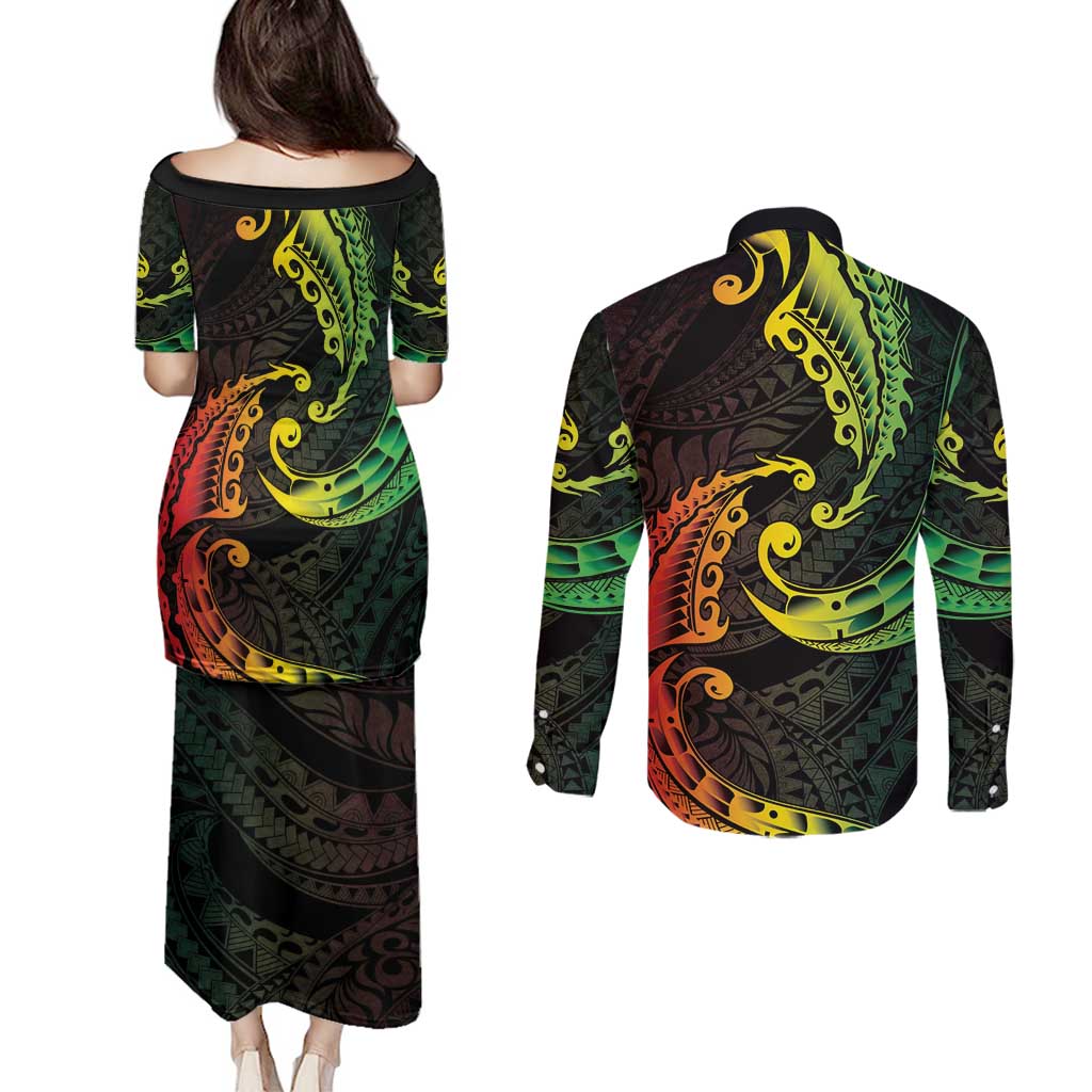 AAPI Heritage Month Couples Matching Puletasi and Long Sleeve Button Shirt Kanaka Maoli Polynesian Tribal Wave