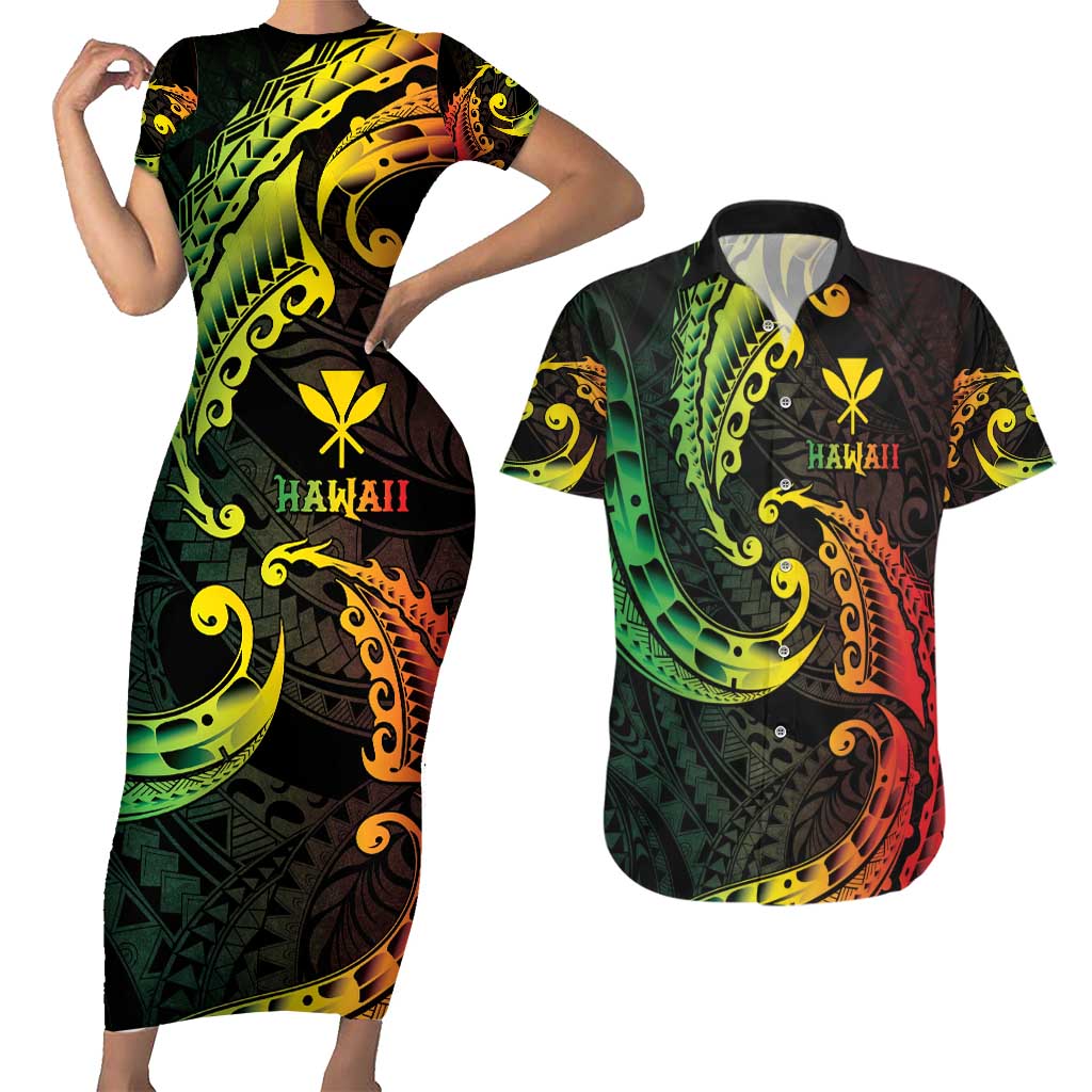 AAPI Heritage Month Couples Matching Short Sleeve Bodycon Dress and Hawaiian Shirt Kanaka Maoli Polynesian Tribal Wave