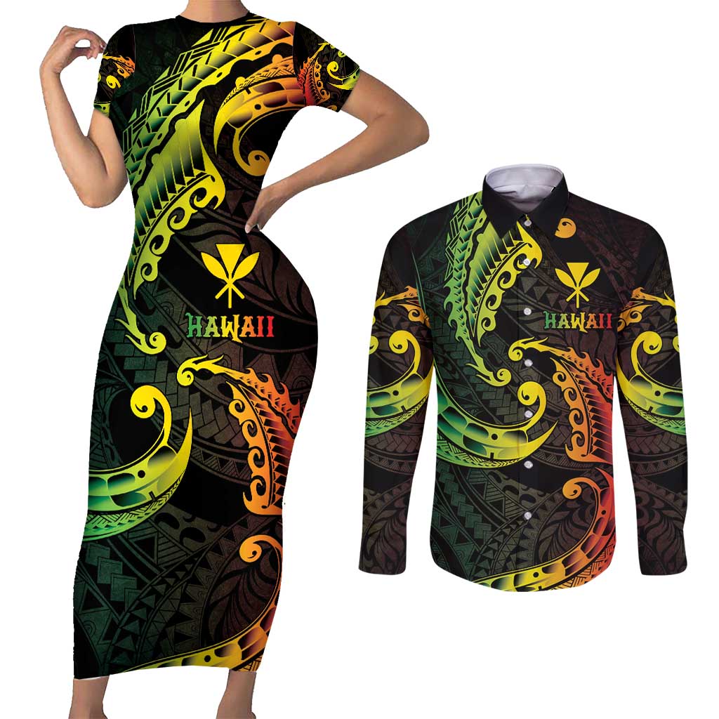 AAPI Heritage Month Couples Matching Short Sleeve Bodycon Dress and Long Sleeve Button Shirt Kanaka Maoli Polynesian Tribal Wave
