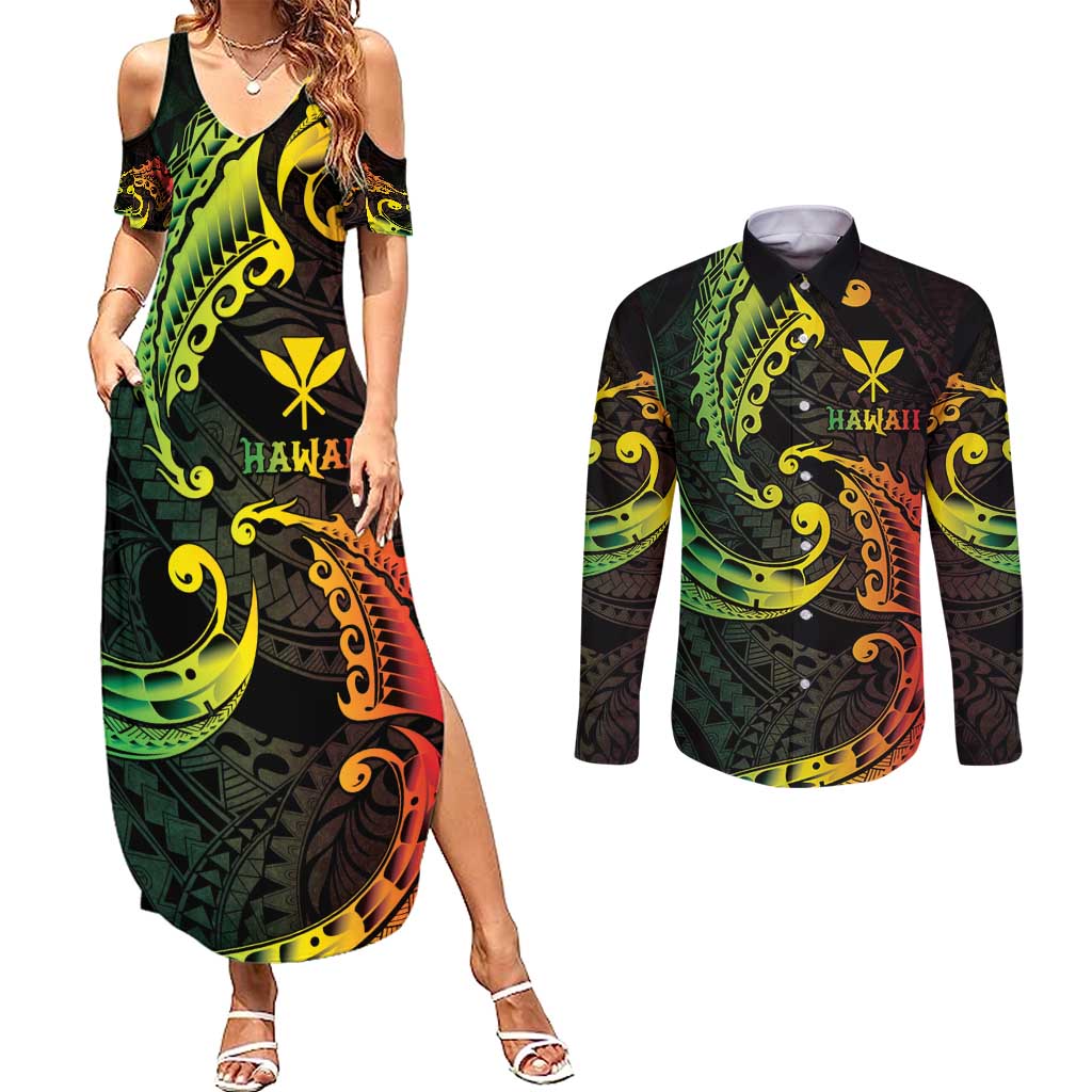 AAPI Heritage Month Couples Matching Summer Maxi Dress and Long Sleeve Button Shirt Kanaka Maoli Polynesian Tribal Wave