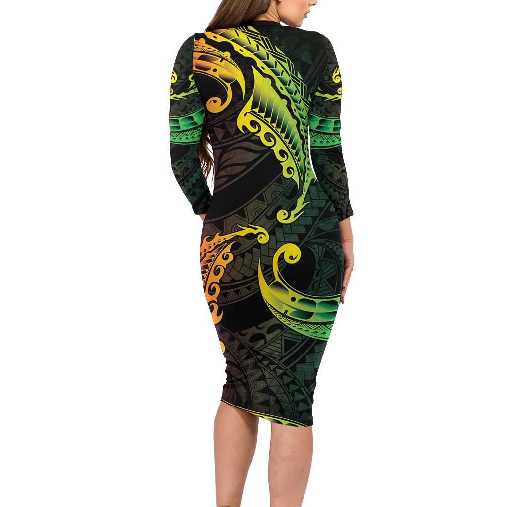 AAPI Heritage Month Long Sleeve Bodycon Dress Kanaka Maoli Polynesian Tribal Wave